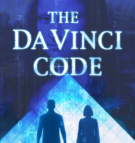 subtle blue image of the painting, The Mona Lisa in the background with the Louvre glass pyramid on the bottom with the text "The Da Vinci Code" and at the bottom of the image is a silhouette of a man and woman standing