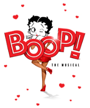 Cartoon image of Betty Boop, on a white background with little hearts and letters that say "BOOP! The Musical" in red and black