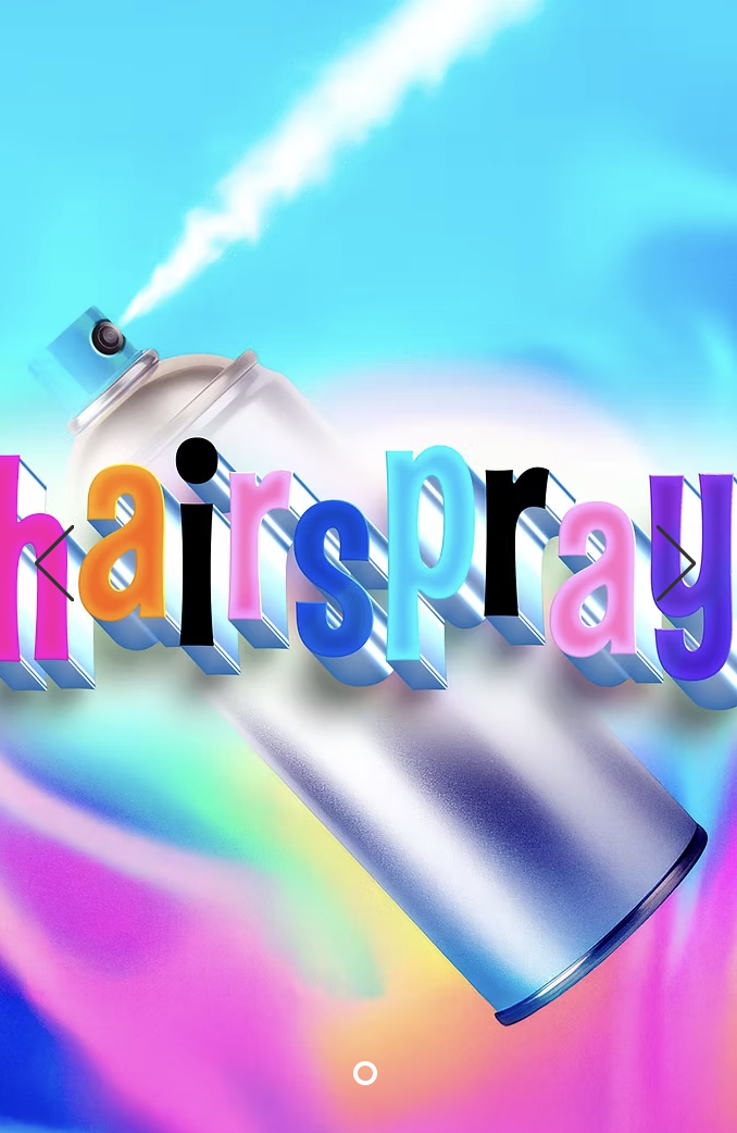 multi-colored background with an image of a silver can of hairspray with multicolored text "hairspray"