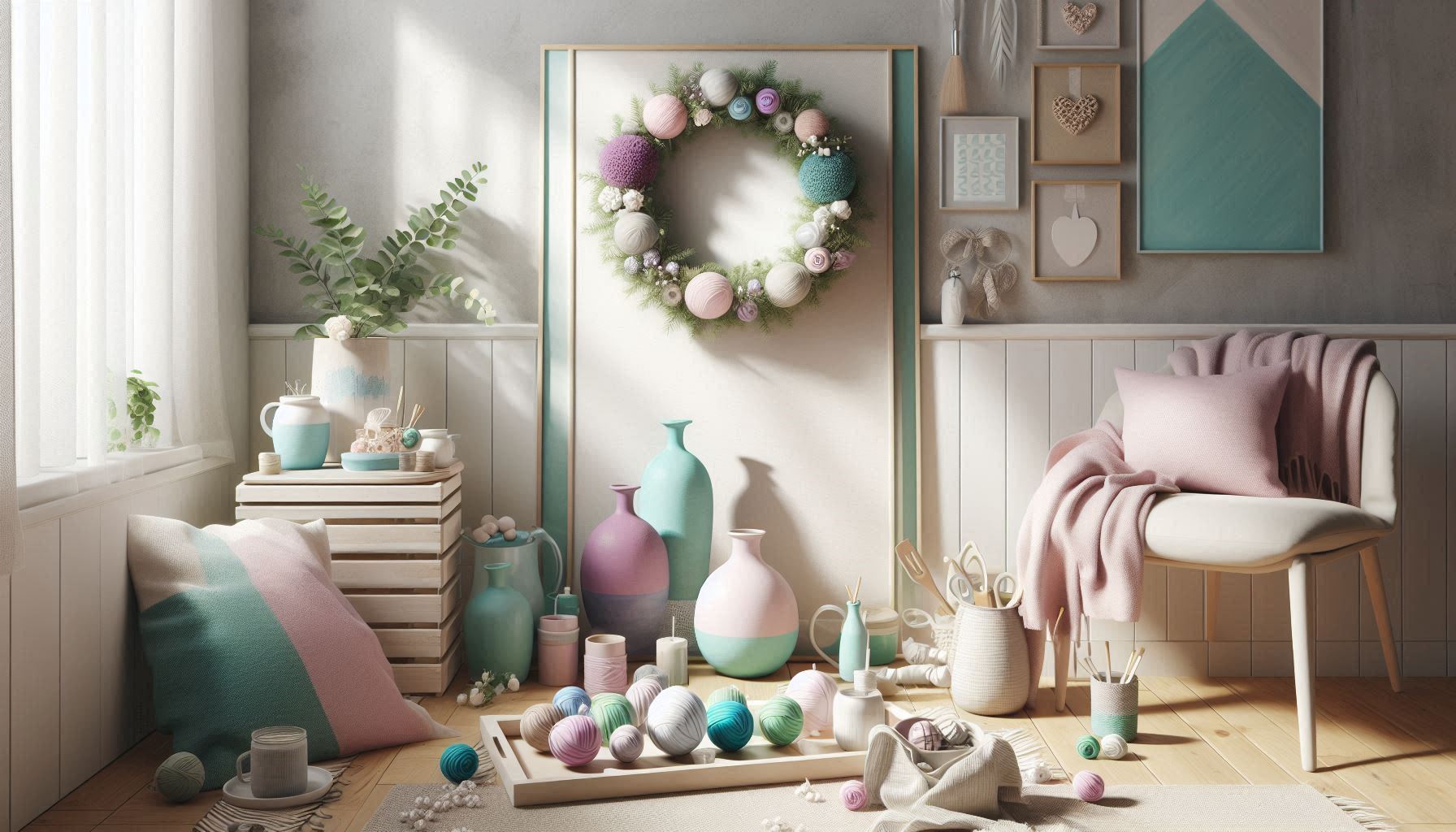This image shows a cozy, well-lit space featuring a DIY project in progress—like a painted vase or a handmade wreath—styled with a few cute decor pieces around it.