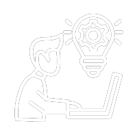 Icon of a person working on a computer with an image of a lightbulb near their head, symbolizing expert analysis