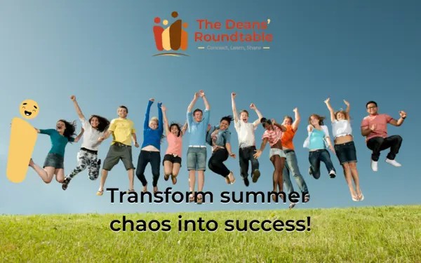 Diverse group of students jumping joyfully in summer program planning celebration with The Deans' Roundtable logo and 'Transform summer chaos into success' message