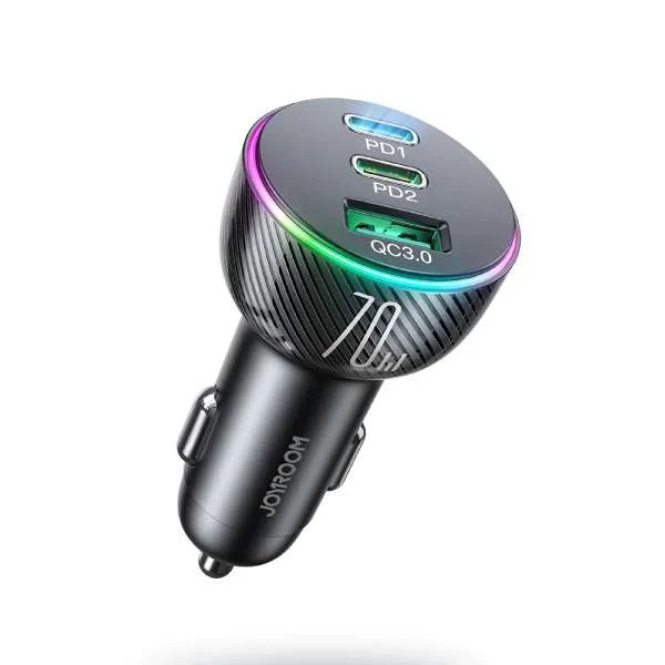 JOYROOM JR-CL26 3 Ports (2PD+1USB) Car Charger QC3.0+PD3.0 70W Fast Charging Phone Charger Adapter with Colorful LED Light