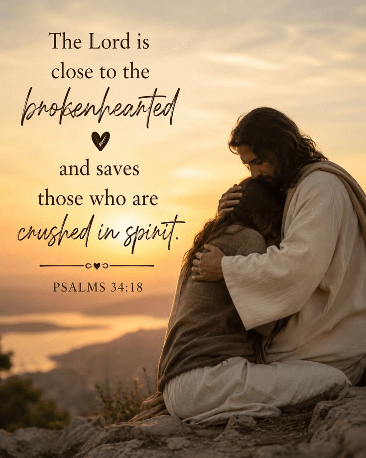 Jesus holding a person in a comforting embrace with the Bible verse: The Lord is close to the brokenhearted and saves those who are crushed in spirit Psalm 34:18
