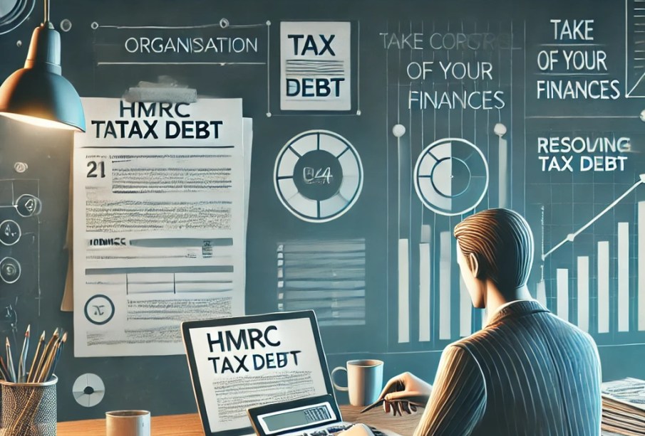 "Illustration of a person managing financial documents and calculators to deal with HMRC debt"
