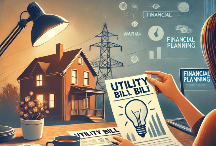 Person reviewing utility bills and financial documents at a desk
