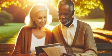 Image illustrating a retired couple managing their finances together while discussing Pension Credit in the UK.