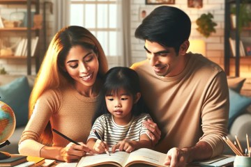 Child holding a graduation cap with parents, symbolizing saving for education