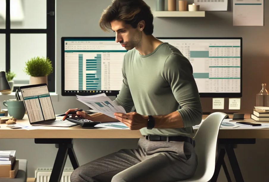 ** Image showing a person working on financial documents with a laptop and calculator.