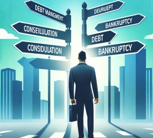 "Navigating the Maze of Debt Solutions: A Guide to Regaining Financial Control in the UK - Image showing various debt solutions in the UK including Debt Management Plans, Individual Voluntary Arrangements, Debt Relief Orders, and Bankruptcy."