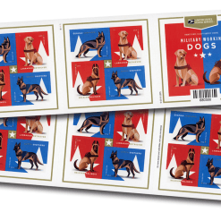 2019 Military Working Dogs Forever Stamp featuring German Shepherd, Belgian Malinois, Labrador Retriever, and Dutch Shepherd