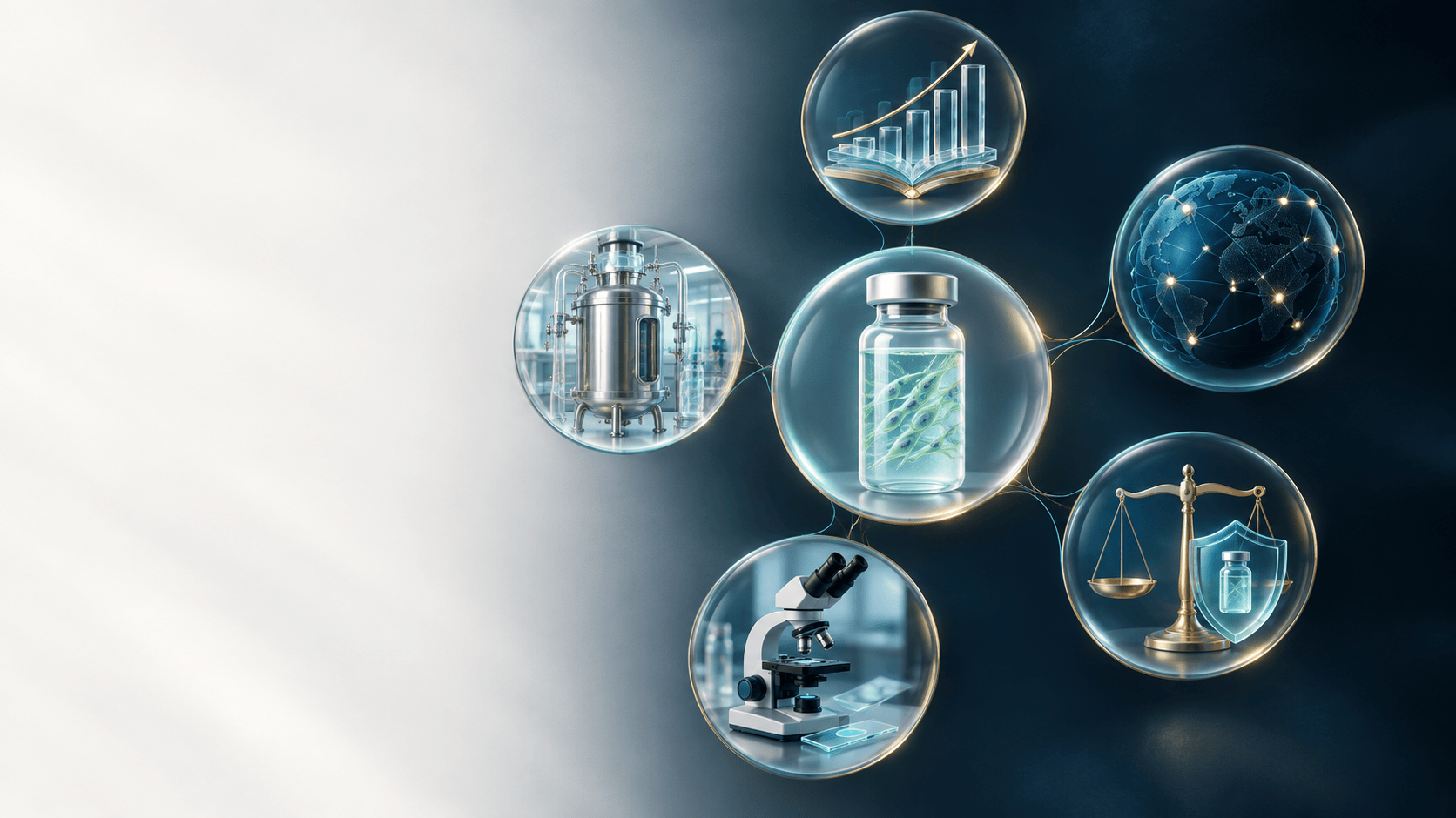Conceptual illustration of research, cell-therapy manufacturing, investment, global networks and regulatory quality converging on a Decidua stromal-cell therapeutic product.