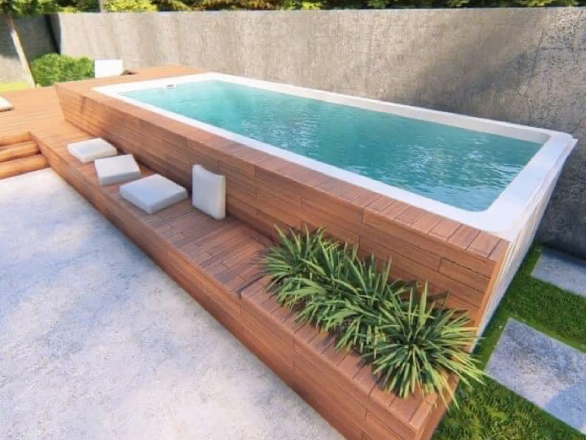 Rooftop deck featuring wooden flooring, a large planter, and a small pool area.