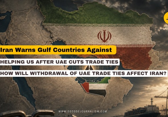 Map of the Gulf region showing Iran and UAE flags with a cargo ship near the Strait of Hormuz