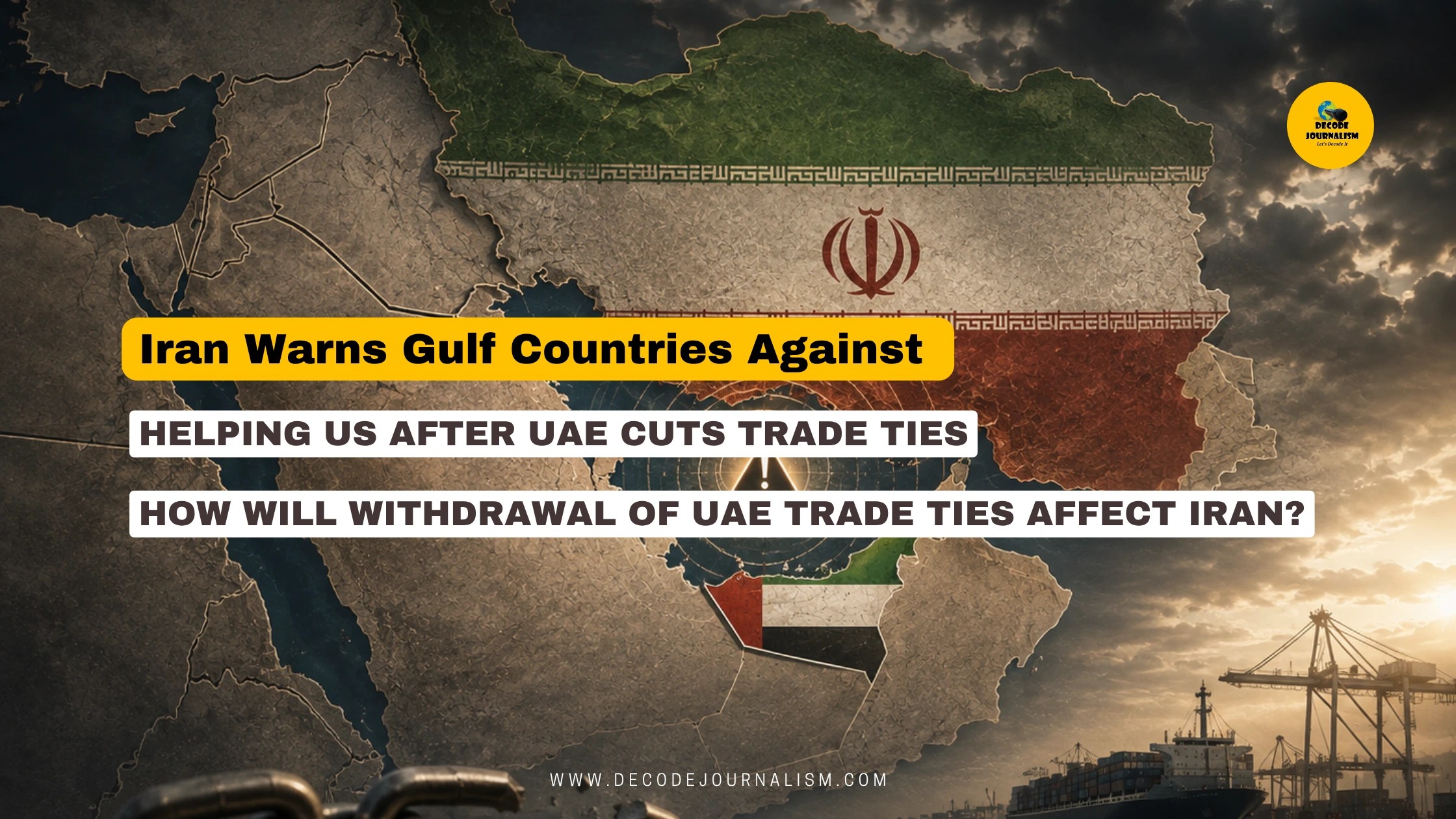 Map of the Gulf region showing Iran and UAE flags with a cargo ship near the Strait of Hormuz