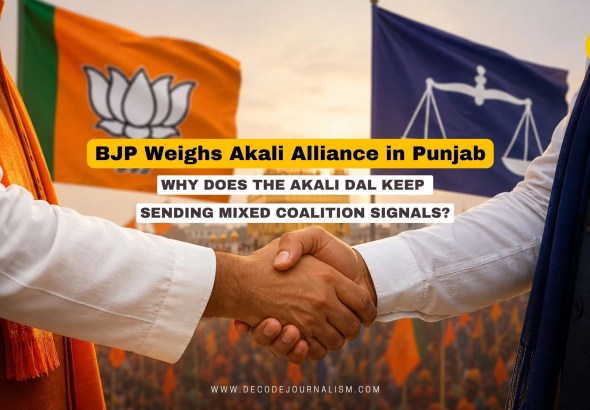 BJP and Akali Dal flags with Punjab map, representing 2027 Punjab Assembly election alliance talks