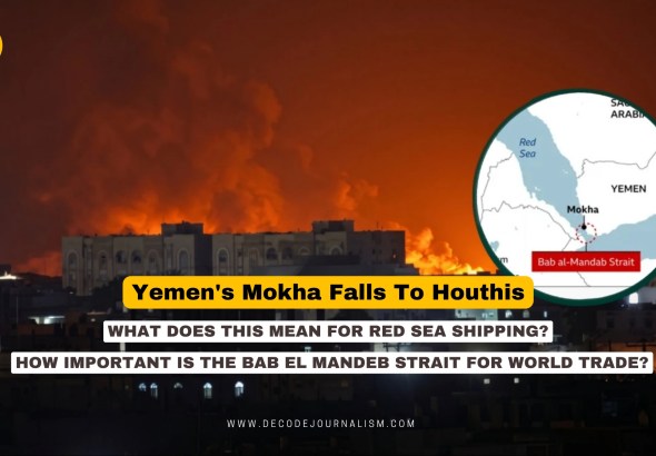 Map graphic showing Yemen's Mokha port city near the Bab el Mandeb strait and Red Sea shipping lanes