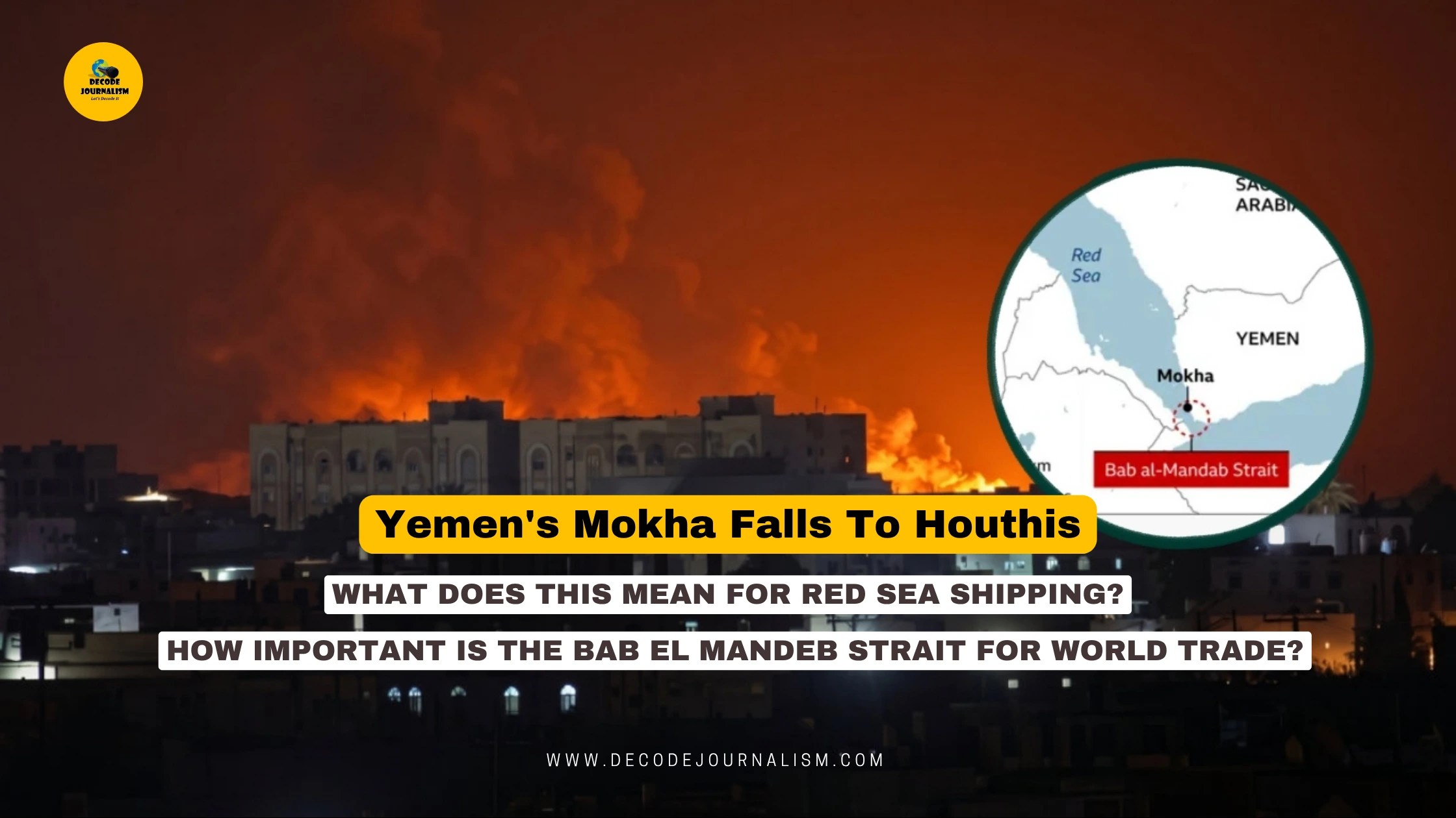 Map graphic showing Yemen's Mokha port city near the Bab el Mandeb strait and Red Sea shipping lanes