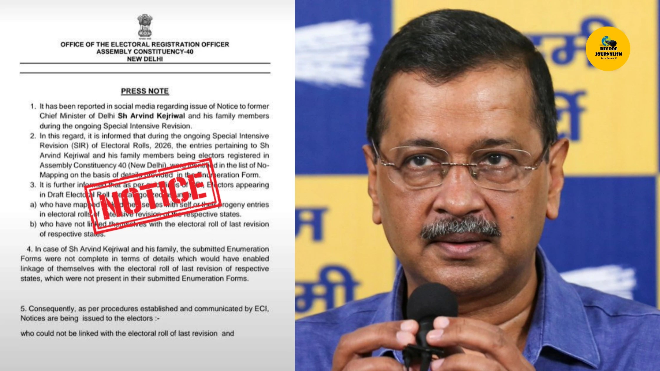Kejriwal SIR notice explained, showing Delhi voter list documents and an election commission notice