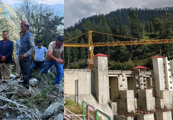 Damaged house and debris in Sainj, Kullu, after a leak at the Parbati hydroelectric project