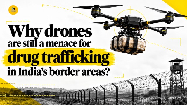 Border Security Force personnel scanning the night sky along the Punjab-Pakistan fence for smuggling drones