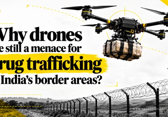 Border Security Force personnel scanning the night sky along the Punjab-Pakistan fence for smuggling drones