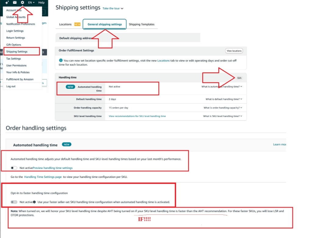 Automated Handling Time toggle and the Opt-In to faster handling time configuration toggle in Seller Central settings. Opting in lets a SKU use a faster seller-set handling time than AHT's recommendation, at the cost of late shipment rate and on-time delivery rate protection for that SKU.