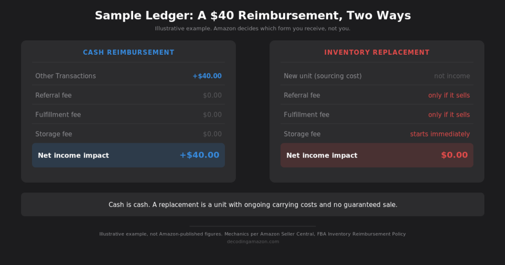 Sample ledger comparing a $40 cash reimbursement against an inventory replacement. Cash posts to Other Transactions with no fees deducted, for a net income impact of +$40. The replacement unit posts no income, owes referral and fulfillment fees only if it sells, and starts accruing storage fees immediately, for a net income impact of $0.