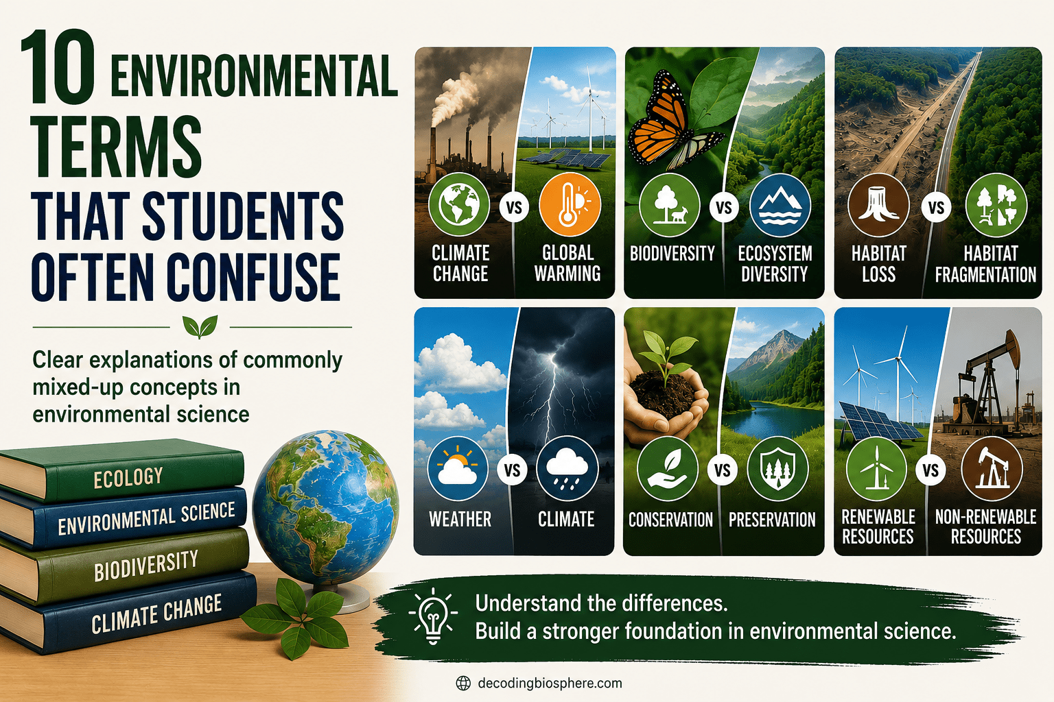 10 environmental terms students often confuse including climate change vs global warming, weather vs climate, and conservation vs preservation