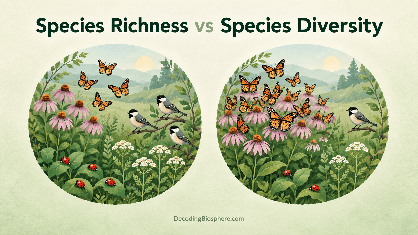 Species richness and species diversity compared using two ecological communities