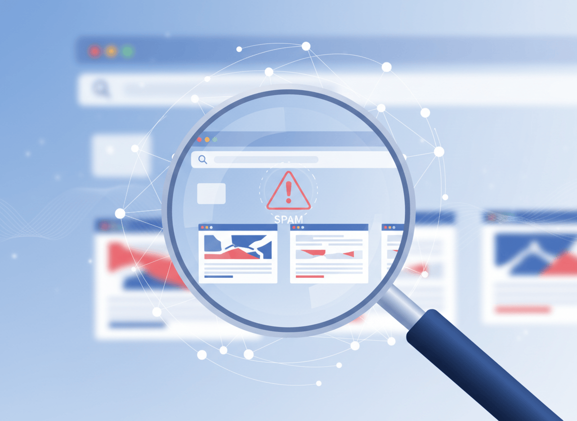 Editorial technology illustration for an article about Google's September 2026 spam update: a generic search results interface viewed through a magnifying glass, a subtle red spam warning symbol, abstract website cards and data points, clean modern SEO aesthetic, blue red and white palette, sophisticated, no official Google logo, no readable text, no trademarked interface copy.