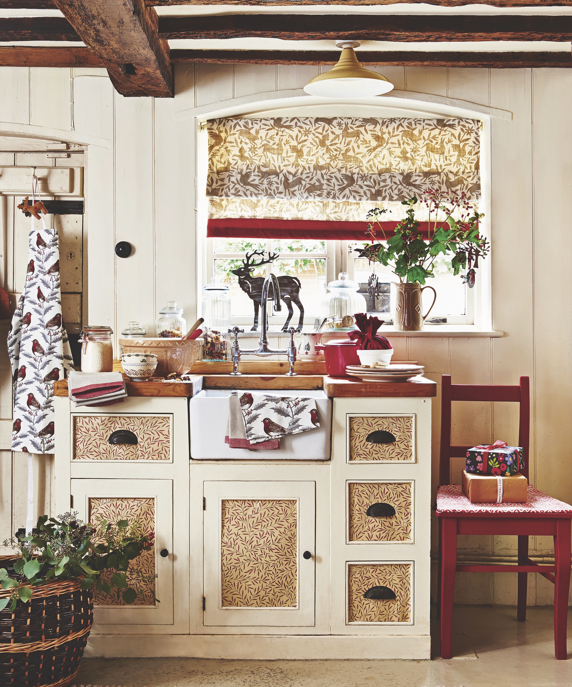 Pub orig. Cream belfast, butler sink and storage unit, assorted Chritmas decorations, presents