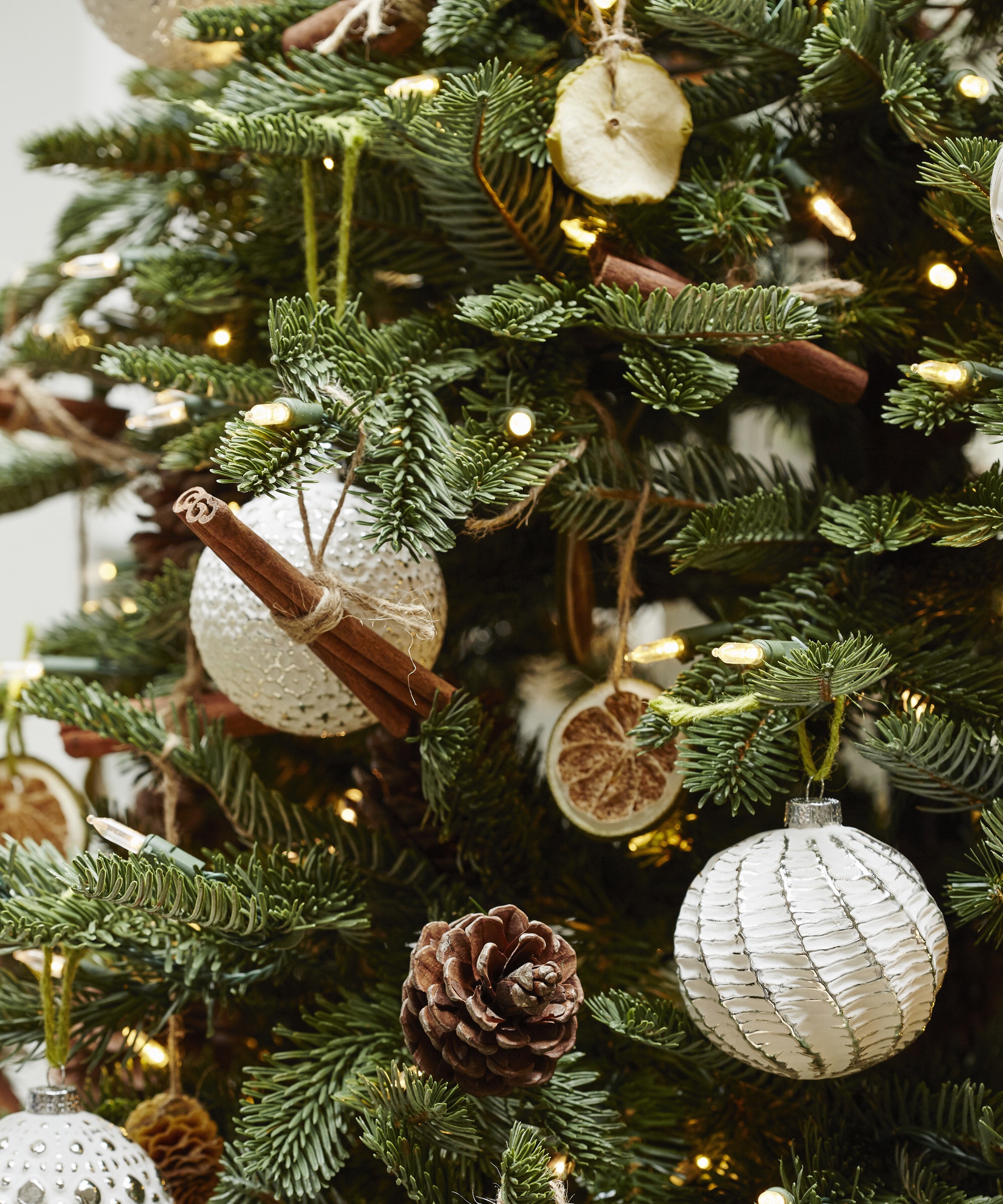A closeup of white glitter Christmas decorations, pine cones and slices of dried fruit and cinnamon sticks on a Christmas tree.