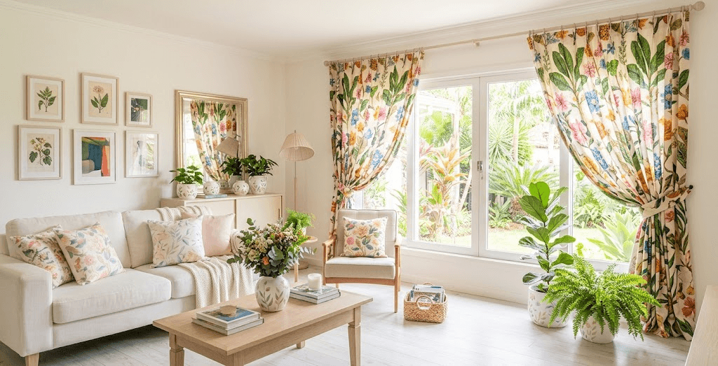 Cortinas estampadas na decoração da sala