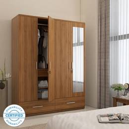 Spacewood Classy Engineered Wood 4 Door Wardrobe Finish Color Natural Teak Mirror Includedjusthere Decor Gully Evergreen Interiors
