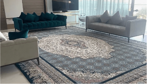 Persian rug, royal colors, living room