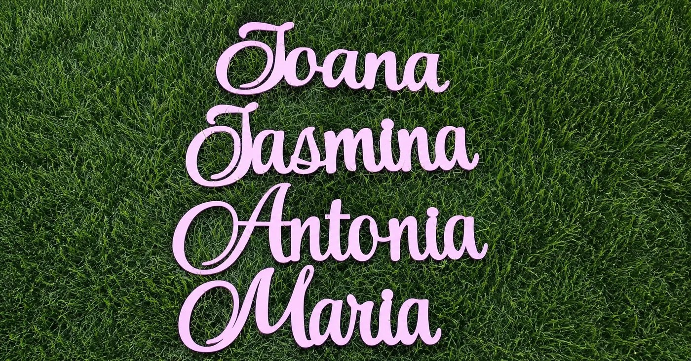 Nume decorative personalizate din MDF roz, fotografiate pe iarbă
