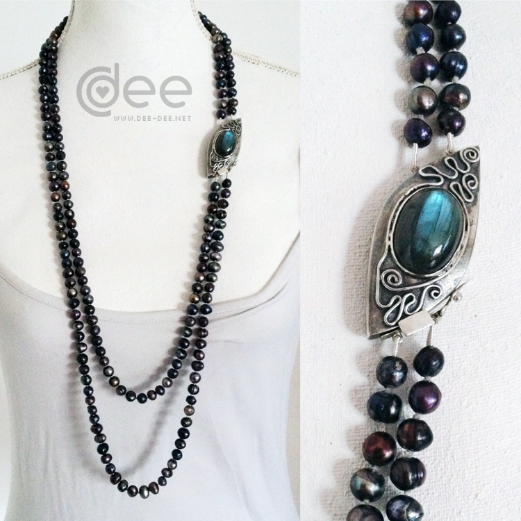 colar de perolas com fecho de prata e labradorite