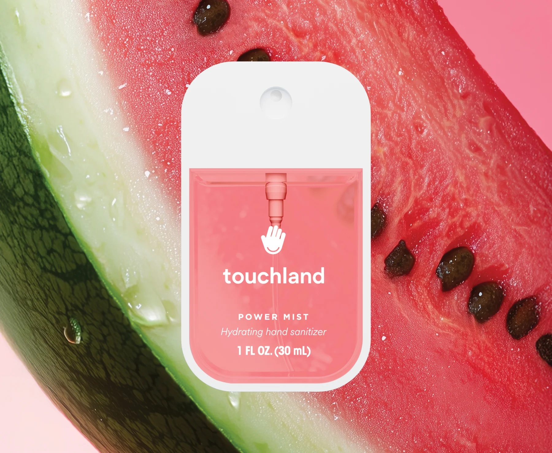 touchland watermelon scented hand sanitizer with a lucious watermelon as background