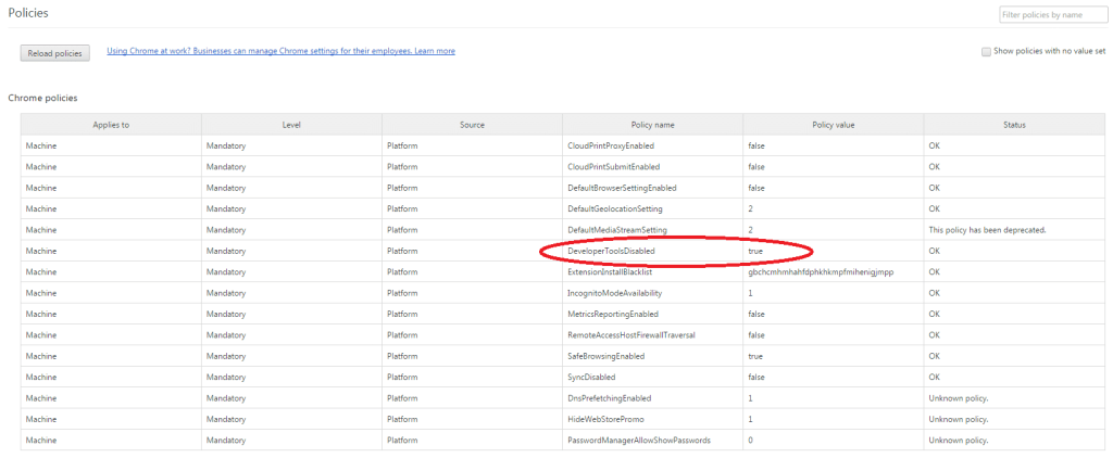 Chrome policy page showing DevTools disabled