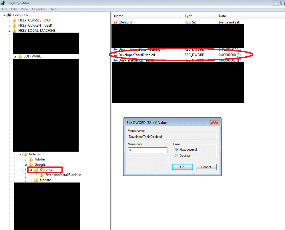 Registry Editor showing [HKEY_LOCAL_MACHINE\SOFTWARE\Policies\Google\Chrome] branch