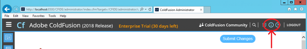 ColdFusion 2018 admin screen system information link