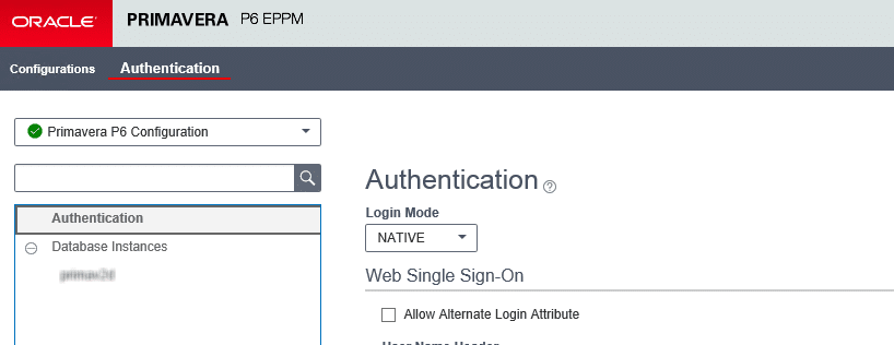 P6 Administration screen - Authentication tab