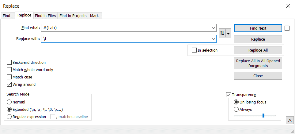 Replace box in Notepad++