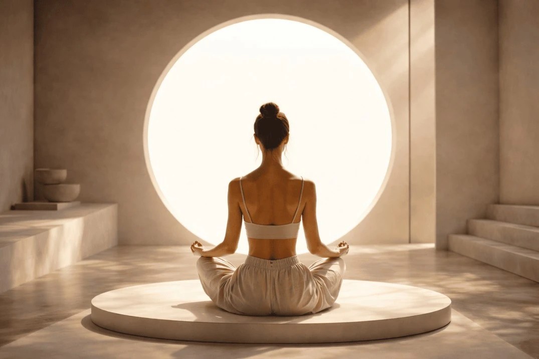 Woman meditating in front of glowing light – nervous system healing and inner peace retreat Bali