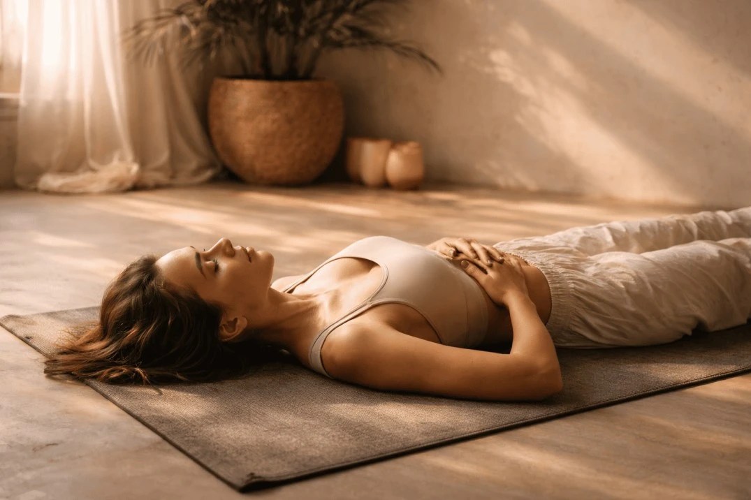 Woman resting on floor in peaceful pose – nervous system regulation and burnout recovery
