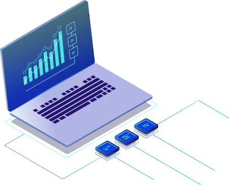 A laptop displaying a data analysis graph with connected data points.