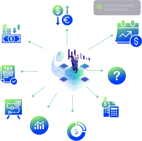 Two individuals on a data platform surrounded by charts, financial icons, and a highlighted foreign exchange symbol.