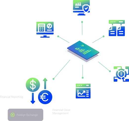 Financial reporting graphic with charts, currency symbols, and document icons, featuring a highlighted foreign exchange symbol.