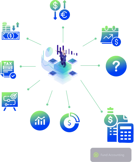 Two individuals on a data platform surrounded by charts, financial icons, and a highlighted fund accounting symbol.